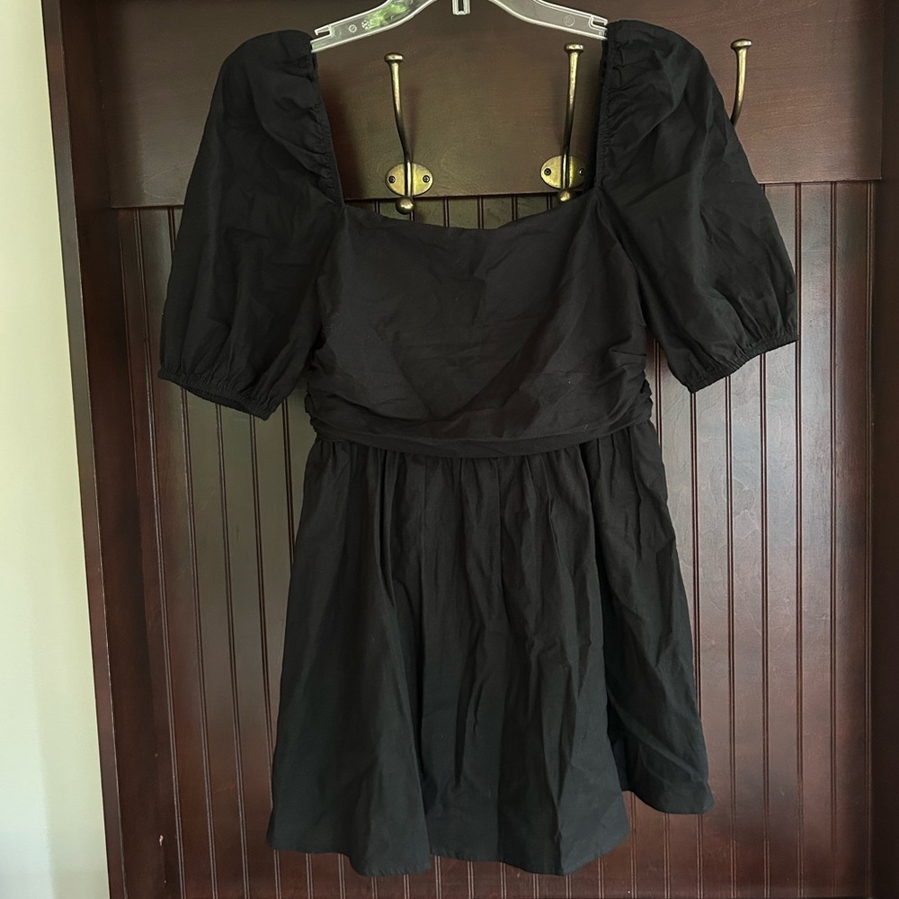 SHOWPO Claudina Mini Dress | Black Square Neck Puff Sleeve Linen Cotton | Size 8